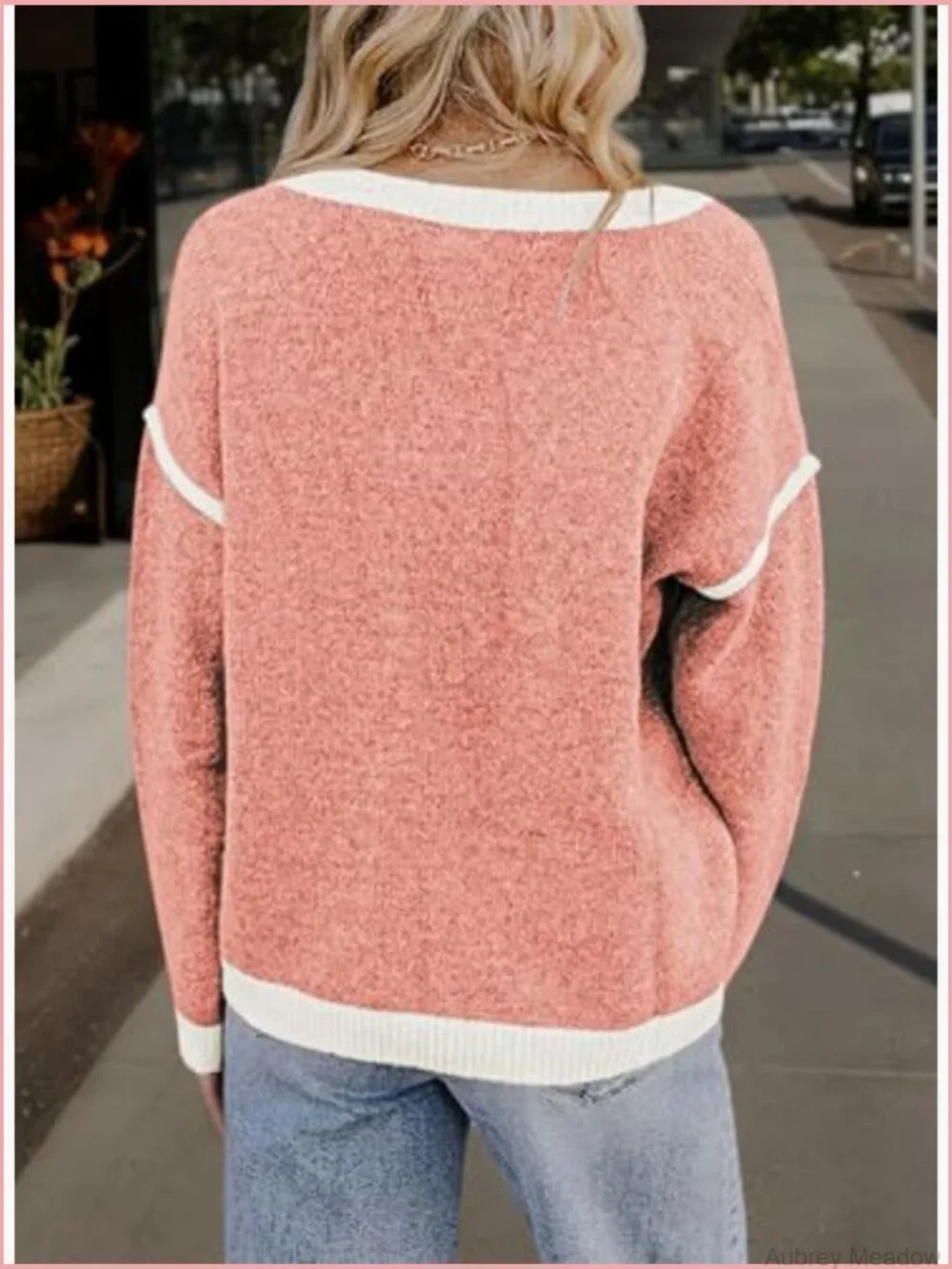 Women's Oversized V-Neck Pullover Sweater Floral Knit Long Sleeve Tops - Picture 4 of 7